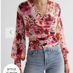 NWT Express Floral V-Neck Long Sleeve Faux Wrap Pleated Waist Top